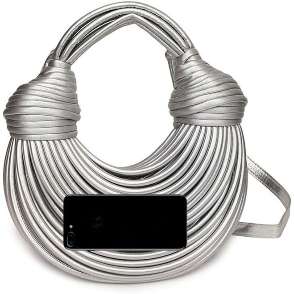 Women's Top Handle Clutch Satchel Shoulder Creative Noodles Underarm Silver Bag